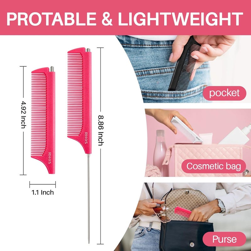 RHOS Retractable Fine Tooth Comb for Hair Parting, Styling, Cutting and Braiding - Carbon and Stainless Steel Pin Tail Comb (Pink) - Image 3